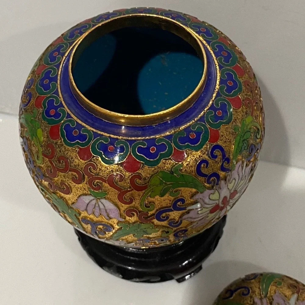 Vintage Cloisonné Ginger Jar with Stand